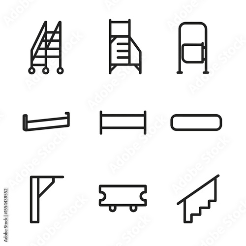 Scaffold Icon Set. Outline icon set of Scaffold Access and Work Platforms: mobile ladder, stairway tower, access gate, toe board,