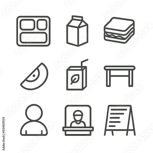 School Lunch Icons. Outline icon set of School Lunch Sharing: cafeteria tray, milk carton, sandwich, apple slice, juice box, lunch
