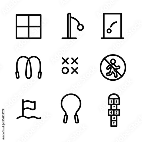 Schoolyard Games Icons. Outline icon set of schoolyard games: foursquare court, tetherball pole, wall ball bounce, double Dutch