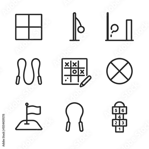 Schoolyard Games Icons. Outline icon set of schoolyard games: foursquare court, tetherball pole, wall ball bounce, double Dutch