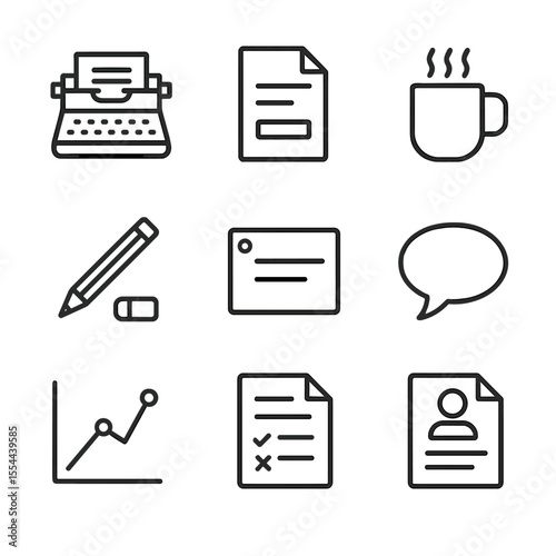 Scriptwriting Icon Set. Outline icon set of Scriptwriting Process: typewriter, screenplay page, coffee mug, pencil and eraser,