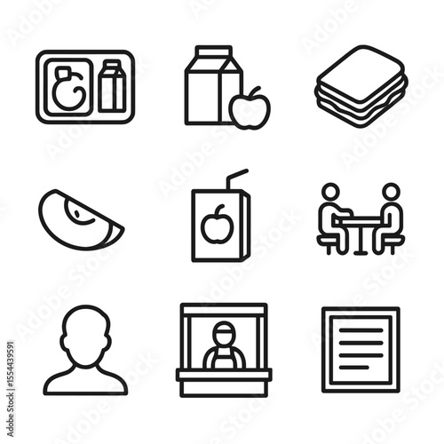School Lunch Icons. Outline icon set of School Lunch Sharing: cafeteria tray, milk carton, sandwich, apple slice, juice box, lunch