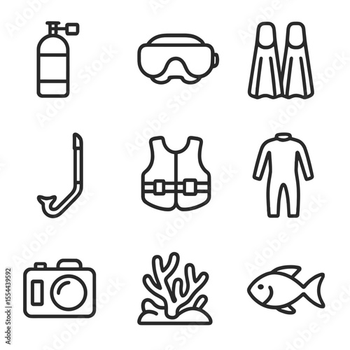 Scuba Diving Icons. Outline icon set of scuba diving adventures: scuba tank, diving mask, fins, snorkel, buoyancy compensator,