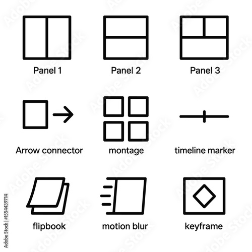 Sequential Art Icons. Outline icon set of sequential art: panel 1, panel 2, panel 3, arrow connector, montage, timeline marker,
