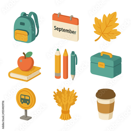 September Essentials Icons. Isometric Flat icon set of September: school backpack, calendar page “September”, falling leaf, apple