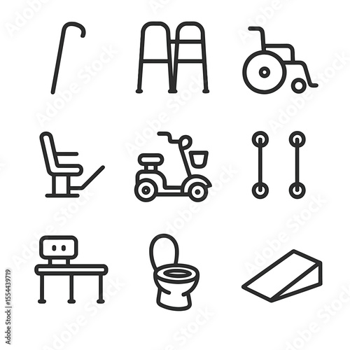 Senior Mobility Icons. Outline icon set of mobility assistance for seniors: walking cane, walker, wheelchair, stairlift, mobility