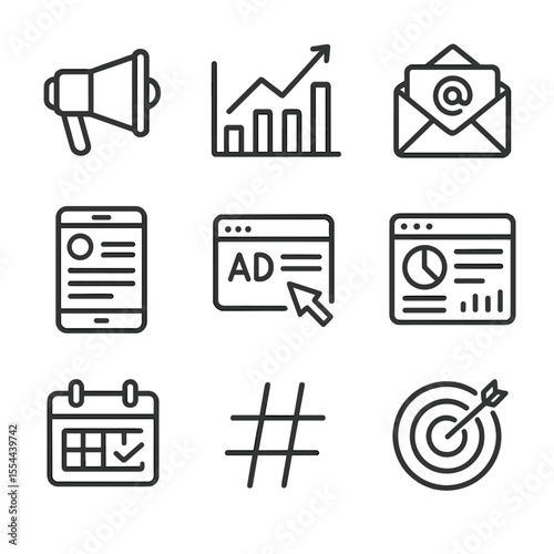 Icon Sets_ Marketing & Troubleshooting. Outline icon set of digital marketing fundamentals: megaphone, SEO graph, email campaign,