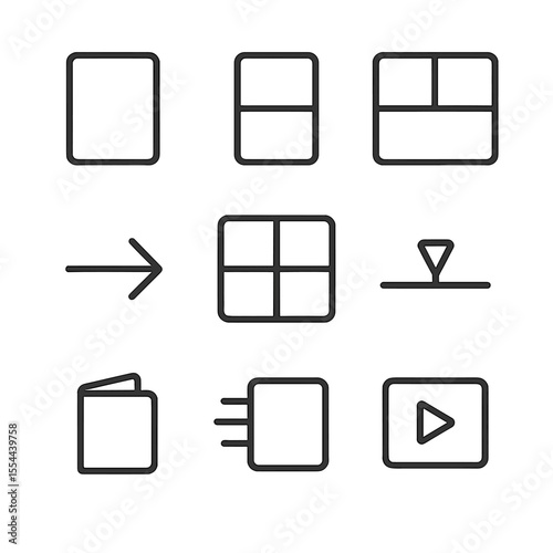 Sequential Art Icons. Outline icon set of sequential art: panel 1, panel 2, panel 3, arrow connector, montage, timeline marker,