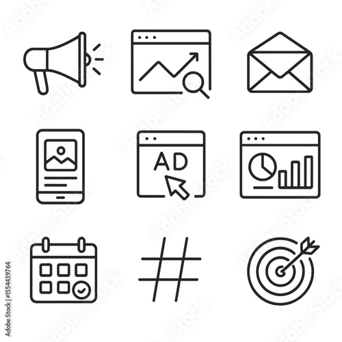 Icon Sets_ Marketing & Troubleshooting. Outline icon set of digital marketing fundamentals: megaphone, SEO graph, email campaign,