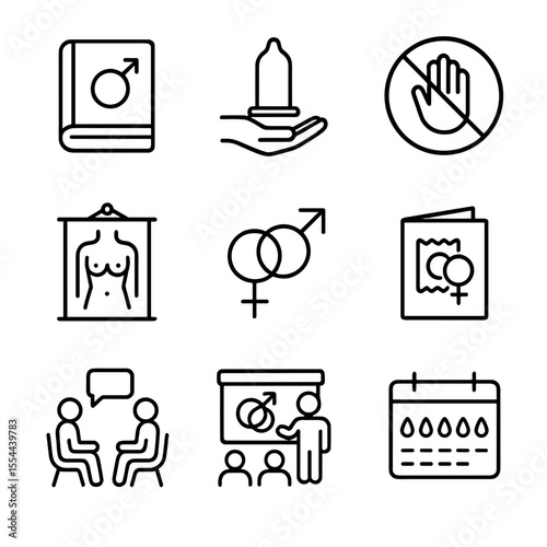 Sexual Education Icons. Outline icon set of sexual education: biology book, condom demonstration, consent sign, anatomy chart,