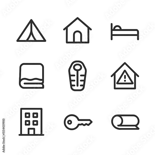 Shelter Icon Set. Outline icon set of shelter support: tent, house, bed, blanket, sleeping bag, emergency shelter, building icon,