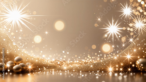 Golden christmas background shining with sparkling lights and decorations