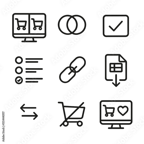 Shopping Cart Icons. Outline icon set of Multi-Cart Comparison and Favorites: side-by-side cart screens, compare icon, selection