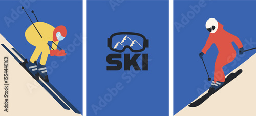 Flat vector illustration of two skiers in colorful outfits and ski goggles with mountain reflection. Winter sport poster design, minimal modern style.