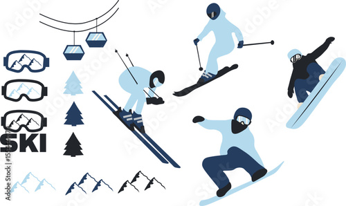 Modern flat vector set winter sports elements: snowboarders,ьskiers, mountain contours, ski lifts, fir trees, mountain reflection. Minimal blue-toned palette, perfect for posters, seasonal graphics.