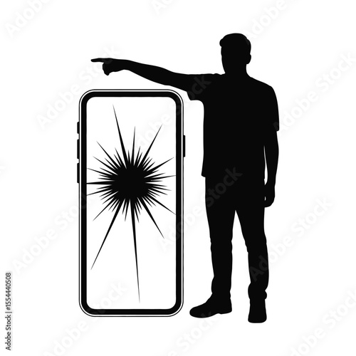 Man pointing at a phone with a shattered screen silhouette