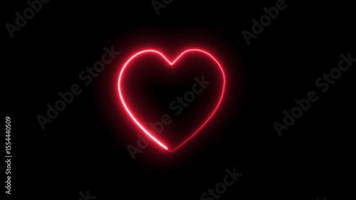 Red Neon Glowing Love Icon Animation, Heart Shape Neon Sign, Romantic Light Symbol on Black Background