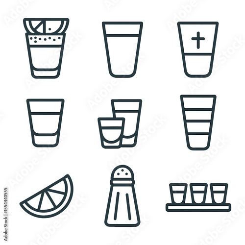 Shot Glass Icon Set. Outline icon set of shot glasses and shooters: tequila shot, vodka shot, Jägermeister shot, sambuca shot,
