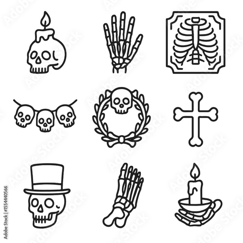 Skeleton Icon Set. Outline icon set of Skeleton and Skull Decorations: skull candle, skeletal hand, ribcage frame, skull garland,
