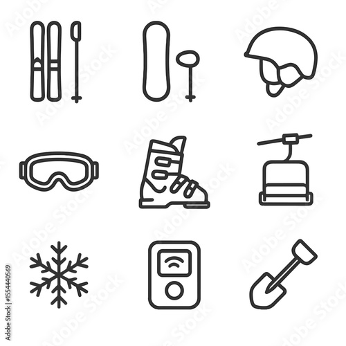 Ski Gear Icons. Outline icon set of Skiing and snowboarding gear: ski, snowboard, ski pole, helmet, goggles, ski boot, lift chair,