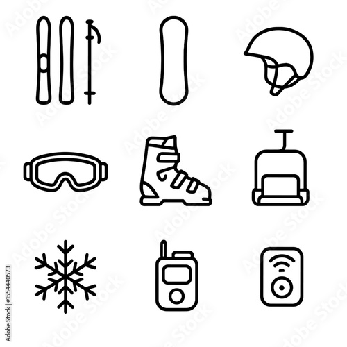Ski Gear Icons. Outline icon set of Skiing and snowboarding gear: ski, snowboard, ski pole, helmet, goggles, ski boot, lift chair,
