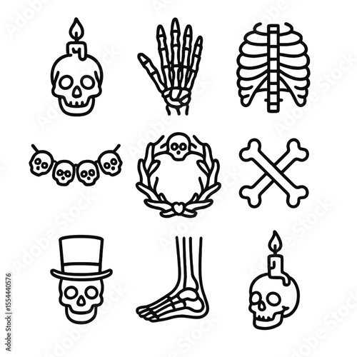 Skeleton Icon Set. Outline icon set of Skeleton and Skull Decorations: skull candle, skeletal hand, ribcage frame, skull garland,