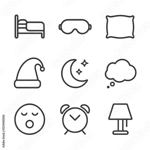 Sleep Icon Set. Outline icon set of sleep and rest: bed with blanket, sleep mask, pillow, nightcap, moon and stars, dream cloud,