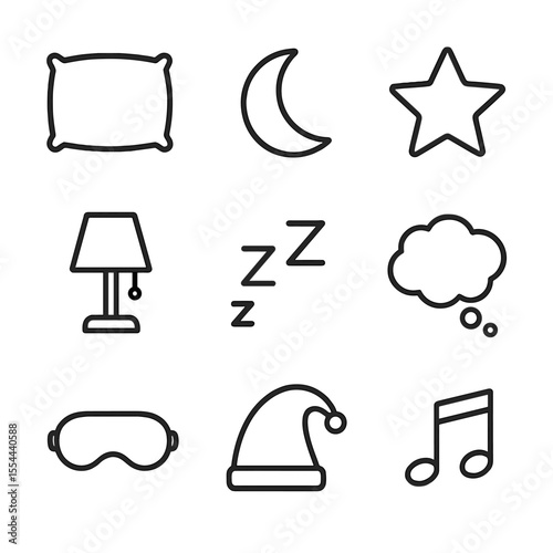 Sleep Aid Icons. Outline icon set of sleep and mindfulness aids: pillow, moon, star, bedside lamp, zzzz symbol, dream cloud, sleep