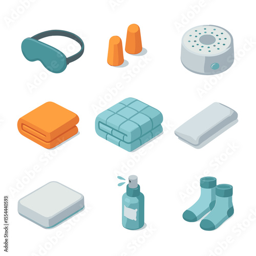 Sleep Accessories Icons. Isometric Flat icon set of sleep accessories: eye mask, earplugs, white noise machine, blanket, comforter