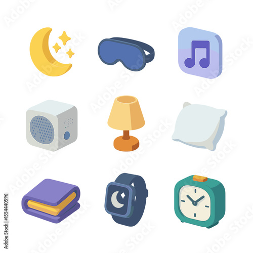 Sleep Apps Icon Set. Isometric Flat icon set of sleep and relaxation apps: moon and stars icon, sleep mask, lullaby music note,
