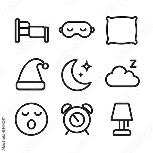 Sleep Icon Set. Outline icon set of sleep and rest: bed with blanket, sleep mask, pillow, nightcap, moon and stars, dream cloud,