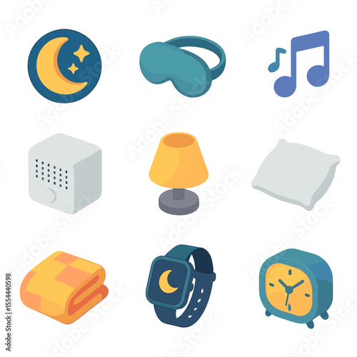 Sleep Apps Icon Set. Isometric Flat icon set of sleep and relaxation apps: moon and stars icon, sleep mask, lullaby music note,