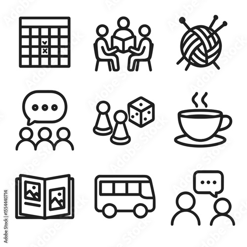 Social Activity Icons. Outline icon set of social engagement activities: bingo card, book club circle, knitting circle, group chat
