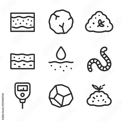 Soil Composition Icons. Outline icon set of soil composition: topsoil layer, clay clod, humus heap, sandy patch, soil moisture