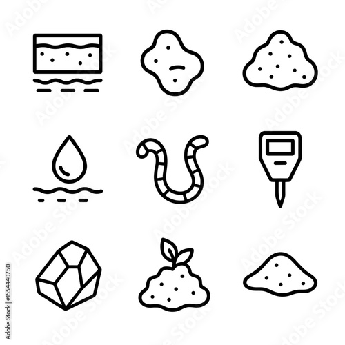 Soil Composition Icons. Outline icon set of soil composition: topsoil layer, clay clod, humus heap, sandy patch, soil moisture