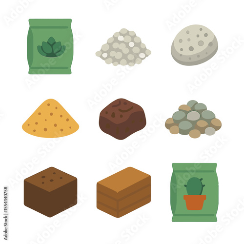 Soil and Substrate Icons. Isometric Flat icon set of soil and substrate components: succulent soil bag, perlite pile, pumice stone