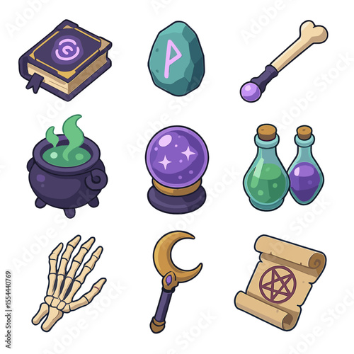 Sorceress Icon Set. Isometric Flat icon set of dark sorceress queens: spellbook grimoire, glowing runestone, bone wand, cauldron