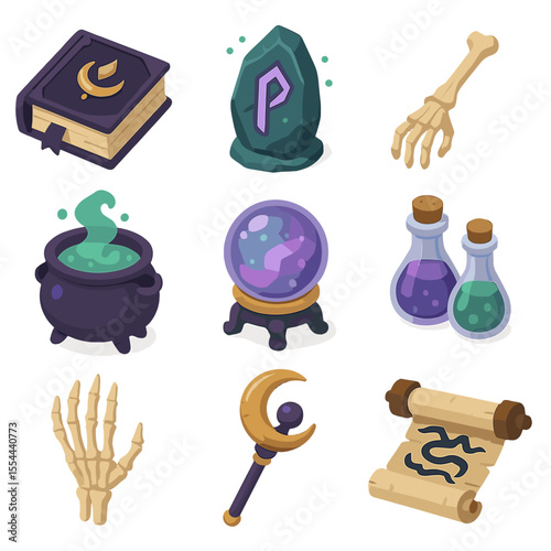 Sorceress Icon Set. Isometric Flat icon set of dark sorceress queens: spellbook grimoire, glowing runestone, bone wand, cauldron