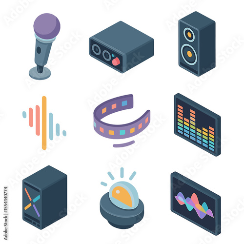 Sound Icon Grid. Isometric Flat icon set of sound-reactive digital art: microphone, audio interface, speaker array, sound wave
