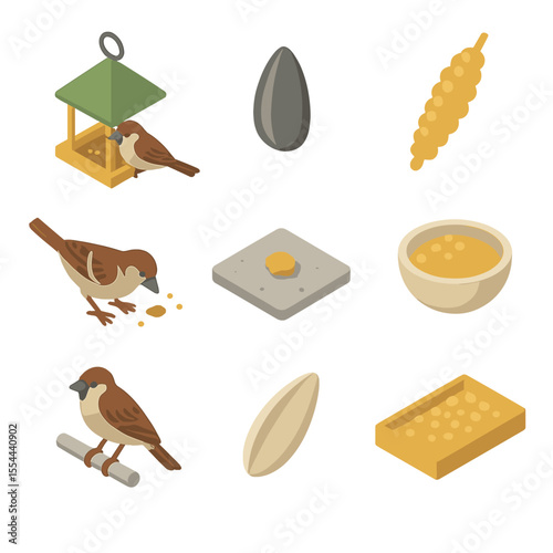 Sparrow Feeding Icons. Isometric Flat icon set of sparrow feeding habits: bird feeder, sunflower seed, millet spray, ground