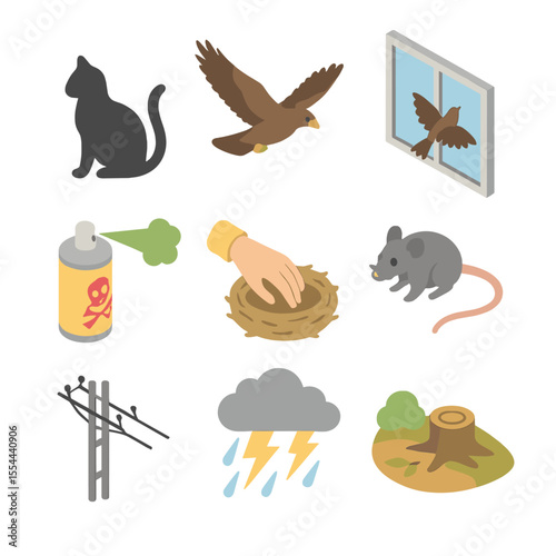 Sparrow Threats Icons. Isometric Flat icon set of sparrow predators and threats: domestic cat silhouette, hawk in flight, window