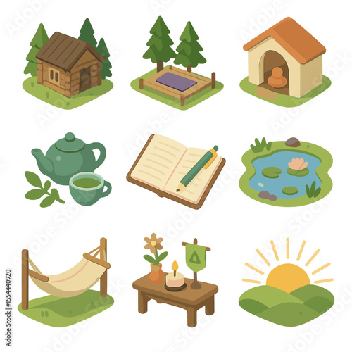 Spiritual Retreat Icons. Isometric Flat icon set of spiritual retreat setting: forest cabin, yoga deck, meditation hall, herbal