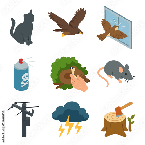 Sparrow Threats Icons. Isometric Flat icon set of sparrow predators and threats: domestic cat silhouette, hawk in flight, window