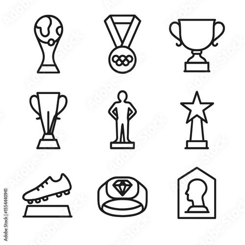 Sport Trophy Icons. Outline icon set of sporting trophies: World Cup trophy, Olympic gold medal, Grand Slam trophy, league