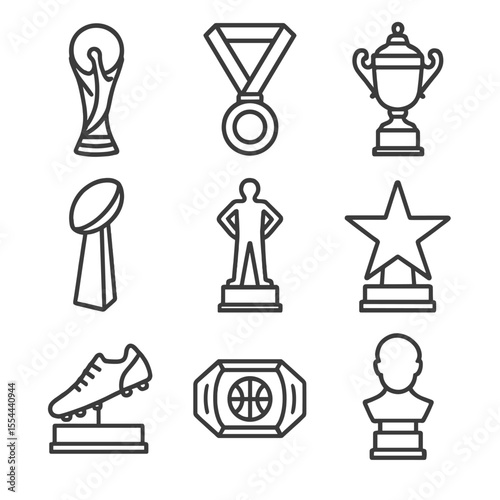 Sport Trophy Icons. Outline icon set of sporting trophies: World Cup trophy, Olympic gold medal, Grand Slam trophy, league