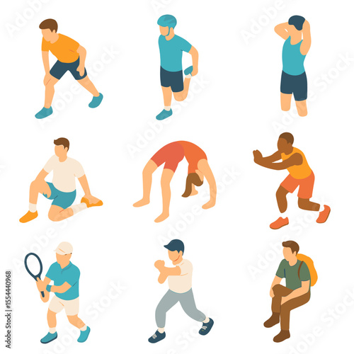 Sports Stretch Icon Set. Isometric Flat icon set of sports-specific stretching: runner’s hamstring pull, cyclist’s quad stretch,