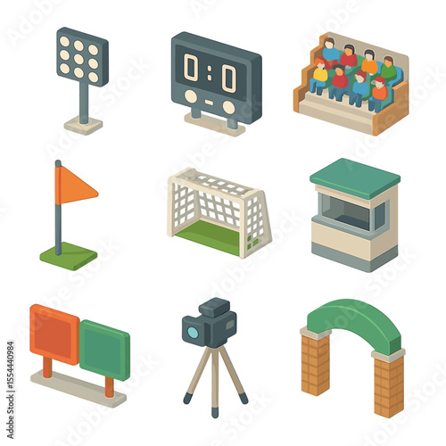 Stadium Icon Set. Isometric Flat icon set of stadium broadcast setup: stadium lights, scoreboard, crowd stands, field marker,