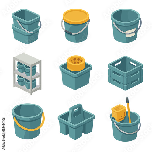Storage Buckets Icons. Isometric Flat icon set of storage and utility buckets: stackable bucket with handle, lid, label tag,