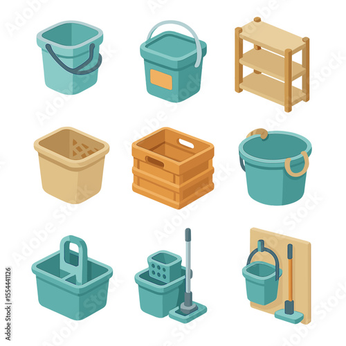 Storage Buckets Icons. Isometric Flat icon set of storage and utility buckets: stackable bucket with handle, lid, label tag,