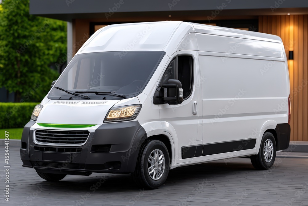 Modern delivery van parked outside a contemporary home surrounded by neatly trimmed greenery showcasing practicality and style in urban transportation solutions Modern delivery van parked outside a contemporary home surrounded by neatly trimmed greenery showcasing practicality and style in urban transportation solutions
